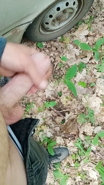 Handjob in the forest great jerk off and cum on the car