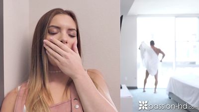 Red-haired stepdaughter spies on stepfather