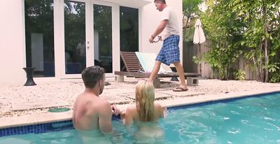 While daddy fell asleep by the pool, the blondie fucks with a friend