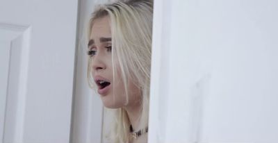 Blondie with braces sucks a lollipop and imagines his brother's penis