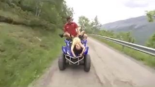 One of the most crazy videos on the Internet, in which a young Asian girl, for starters, boldly fucks with her friend, rushing along the road at full speed on an all-terrain motorcycle