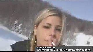 blonde girl pissing in the cold
